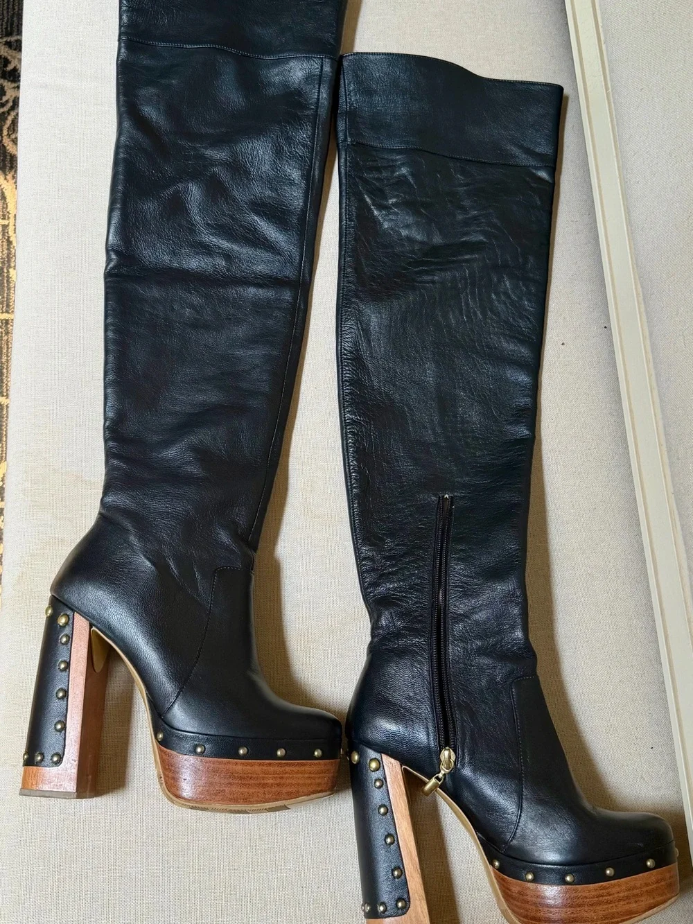 Women's Black Platform Knee-High Leather Boots